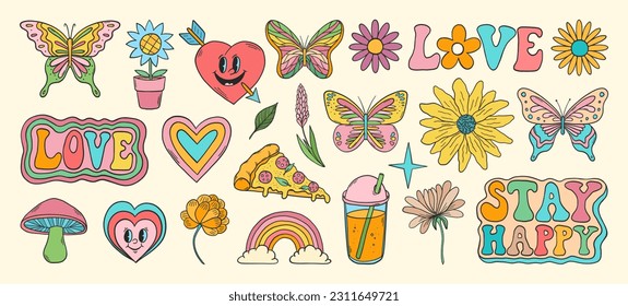 Juego de vectores de Groovy. Elementos hippie. Clipart hippie groovy de los años 70. Pegatinas retro groovy. Psicodélicos garabatos de los años 60 y 70. Corazón de dibujos animados retro, flores, pizza.