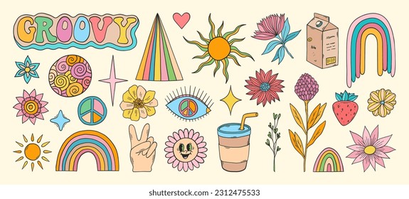 Groovy vector set. Hippie elements. 70s groovy hippie clipart. Retro groovy stickers. Psychedelic funky 60s 70s doodles. Retro cartoon sun, flowers, coffee.