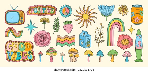 Groovy vector set. Hippie elements. 70s groovy hippie clipart. Retro groovy stickers. Psychedelic funky 60s 70s doodles. Retro cartoon tv set, lava lamp, soda can.