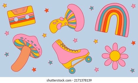 Groovy vector sticker pack, icons, design elements with 1970 vibe: сassette, rainbow, mushrooms, rollers, daisy aind stars in bright colors.