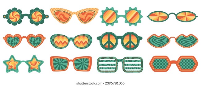 Groovy vector sunglasses. Retro hippy eyewear. Heart star and flower-shaped glasses. 70s funky design. Set of summer outfit.