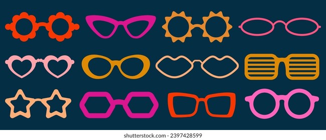 Gafas de sol vectoriales gruesas. Ropa hippy retro. Estrella del corazón y gafas en forma de flor. Diseño divertidísimo de los años 70. Conjunto de ropa de verano.