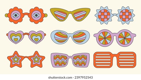 Groovy vector sunglasses. Retro hippy eyewear. Heart star and flower-shaped glasses. 70s funky design. Set of summer outfit.