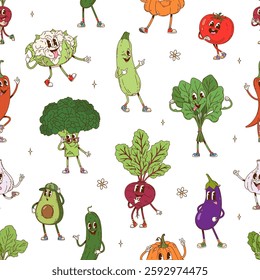 Groovy vegetable character seamless pattern, featuring cartoon y2k veggies. Vector tile background with tomato, broccoli, cucumber, eggplants or beetroot, spinach, zucchini or cauliflower with avocado