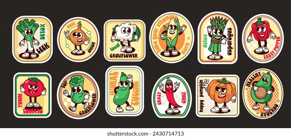 Groovy vegetable characters in cartoon labels set. Funny retro vegetables, vintage posters design with food mascots, cartoon stickers of geometric rounded shape in 70s 80s style vector illustration