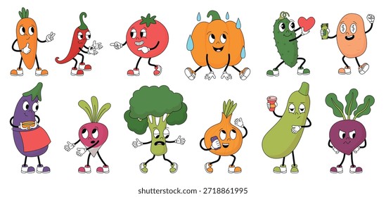 Personajes vegetales estupendos. Diferentes verduras con emociones. Cebolla divertida aislada, brócoli, tomate, calabaza, pimienta. Conjunto de Vector neotérico de alimentos frescos de granja