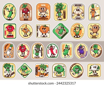 Groovy vegetable characters on cartoon labels set. Funny retro promo posters with vegetable mascots, cartoon vegan food stickers and funky comic emblems of 70s 80s style vector illustration