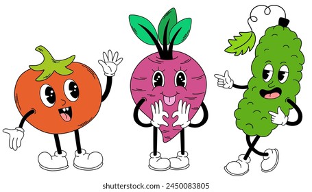 Groovy vegetables set. Hand draw Funny Retro vintage trendy style vegetables cartoon character. Cucumber, tomato, beetroot. Vector doodle comic collection