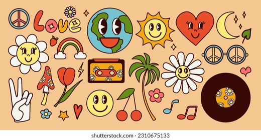 Groovy vibe hippie vector set. 60s, 70s. Daisy, love, heart, music. 