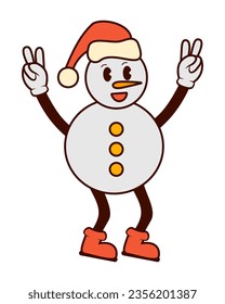 Groovy vibe retro illustration of snowman, 70s, Christmas, vector