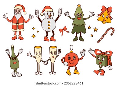 Groovy vibe retro set of Christmas tree, 70s,  vector illustration
