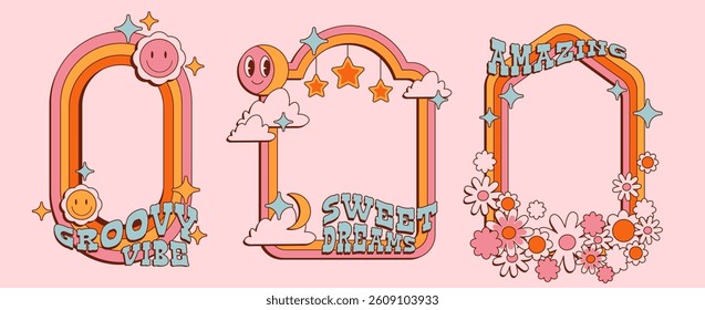 Groovy vibe sweet dreams border elements - funky rainbow frame with smiling faces and clouds, flowers and stars. Hippie style cartoon retro positive pastel stickers with quotes set in vibrant colors.