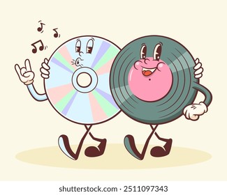 Groovy Vinil and CD Retro Characters. Cartoon Music Disk Record Personage Walking, Whistling and Smiling. Vector Funny Disco Mascot Template. Happy Vintage Cool Illustration. Isolated