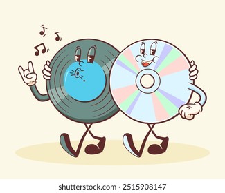 Groovy Vinil e CD Retro Characters. Cartoon Music Disc Record Personage Andando, Assobiando e Sorrindo. Vetor engraçado Disco Mascot Modelo. Feliz Ilustração Legal Vintage. Isolado