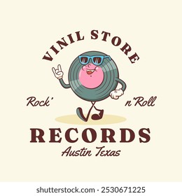 Groovy Vinil Retro Character Label. Cartoon Music Disk Record Personage Walking and Smiling. Vector Funny Disco Mascot Logo Template. Happy Vintage Cool Illustration Isolated