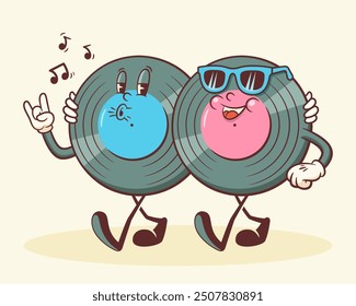 Groovy Vinil Retro Characters. Cartoon Music Disk Record Personage Walking, Whistling and Smiling. Vector Funny Disco Mascot Template. Happy Vintage Cool Illustration. Isolated