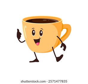 Groovy vintage coffee or tea cup cute character. Breakfast hot coffee or tea porcelain cup groovy isolated vector personage. Cafe latte or espresso beverage funny mascot or cartoon happy character