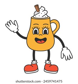 Groovy vintage cup character.Funky groovy cartoon.Funny mascot with smile and emotion.