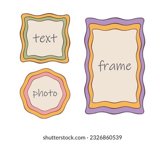 Groovy vintage frame set, 70s colorful palette, black doodle wavy strokes. Flat cartoon design. Text space. Vector illustration