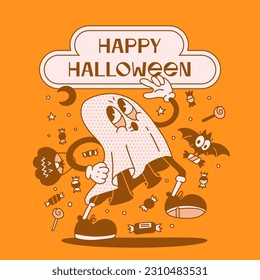 Groovy vintage Happy Halloween card in 70s-80s style with retro cartoon sprirt character. Doodle hand drawn monochrome vector illustration.