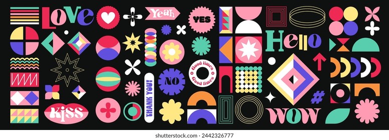 Groovy vintage label and cartoon abstract geometric shape set. Funny retro stickers, quote signs with funky bubble font, geometric patch bundle cartoon collection of 90s y2k style vector illustration