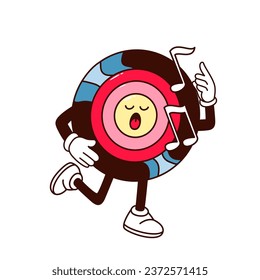 Groovy vinyl record character vector illustration. Cartoon isolated retro psychedelic mascot dancing with notes to music on rave dance party, old turntable vinyl disc with arms and legs singing