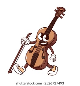 Groovy violin cartoon character walking with bow in hand. Funny retro viola with happy face. Classical music, jazz performance mascot, cartoon violin sticker of 70s 80s style vector illustration