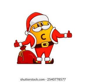 Groovy vitamin C cartoon Christmas Santa character with gifts bag, vector micronutrient emoji. Groovy vitamin C in Santa costume with happy face and gifts bag for Christmas or New Year character