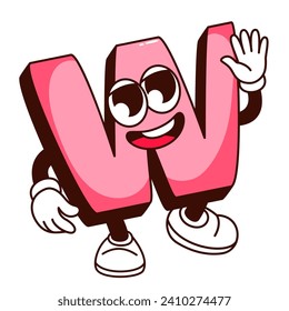 Groovy W alphabet letter cartoon character greeting. Funny retro font cartoon mascot with smile, funky pink W letter saying Hello, Hi or Bye. Hippie typeface sticker of 70s 80s vector illustration