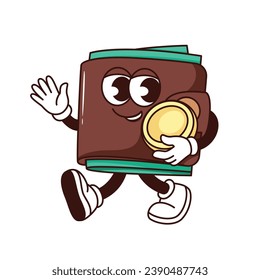 Groovy wallet character vector illustration. Cartoon isolated retro happy purse holding cash gold coin and walking, cute wallet mascot with money profit or donation and comic funny face, arms and legs