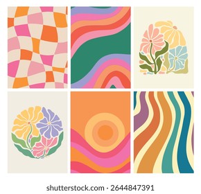 Groovy wallpapers and backgrounds collection for cards, posters, prints, templates, banners, etc. Retro wallpaper set. EPS 10