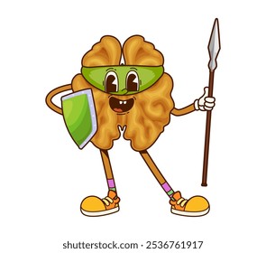 Groovy walnut nut superhero character dressed as a warrior, complete with a green mask, shield, and spear, exudes bravery and strength while holding a defensive pose. Cartoon vector healthy nutrition