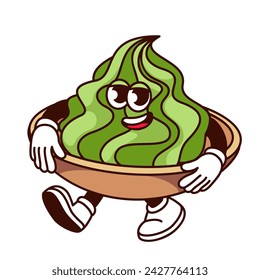 Groovy wasabi bowl cartoon character walking. Funny retro wasabi cup with smile, arms and legs, spicy Japanese dip for food mascot. Cartoon happy sauce sticker of 70s 80s style vector illustration