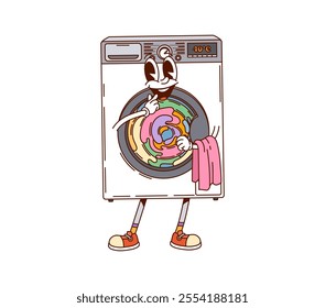 Groovy washing machine, cleaning and household character with linen inside expressing friendliness and playfulness. Isolated cartoon vector electric appliance retro personage ready for chores