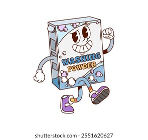 Groovy washing powder, cartoon box of laundry detergent, cleaning and household character happily walking with cheerful smile. Isolated vector fun personage wearing sneakers, ready for cleanup chores