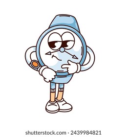 Groovy watch cartoon character pointing to wristwatch on hand with finger. Funny retro punctual blue clock, time check and delay mascot, cartoon wristwatch sticker of 70s 80s style vector illustration