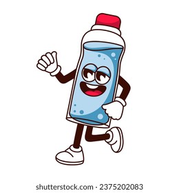 Ilustración vectorial del personaje de la botella de agua Groovy. Caricatura pegatina retro aislada con un recipiente transparente de agua mineral azul saludable, bebida psicodélica fresca de fitness con brazos y piernas caminando