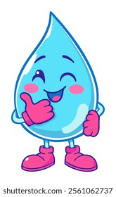 Groovy water drop. Retro cartoon style. Drink more water character. Vector isolated illustration.