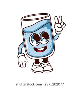 Ilustración vectorial del carácter de vidrio de agua grumosa. Caricatura pegatina retro aislada de bebida fresca limpia en taza, mascota de agua divertida con brazos y piernas, gesto hippie de paz y sonrisa psicodélica en la cara