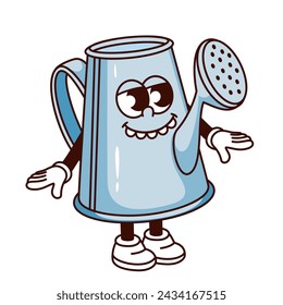 Groovy watering can cartoon character with teeth in funky smile. Funny retro blue water sprinkler for plants irrigation, gardening tool mascot, cartoon can sticker of 70s 80s style vector illustration