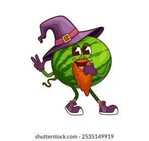 Caractere feiticeiro de Halloween de frutas de melancia Groovy. Fresco suculento feiticeiro de frutas infantil mascote vetor 60s 70s, mago de melancia doce ou imagem barbuda isolado groovy conto de fadas personagem