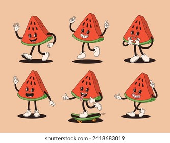 Groovy watermelon mascot in different poses. Funky retro character. Set of cartoon watermelons, smiling, walking, on skateboard, showing heart with hands.