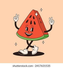 Groovy watermelon mascot. Funky retro character. cartoon watermelon smiling, walking. Funny vintage trendy style character. Doodle Comic collection