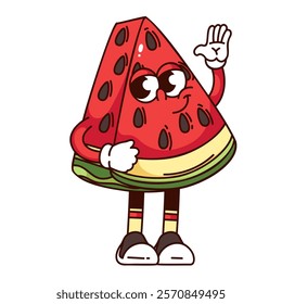 Groovy watermelon slice cartoon character waving to say hello or goodbye. Funny retro triangle piece of juicy watermelon with smile. Fruit mascot, cartoon sticker of 70s 80s style vector illustration