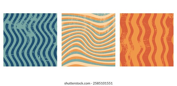 Groovy wave backgrounds set. Hand drawn, hippie backgrounds. Doodle waves, Distorted uneven stripes, warped streaks. Fluid liquid wavy lines. Retro colors. Texture