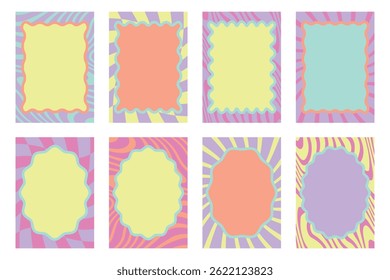 Groovy wave borders - a set of oval and rectangular frames with a psychedelic pattern. A collection of psychedelic twisty frames. Vector illustration in retro style.