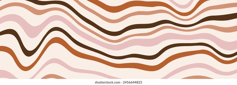 Groovy Wave Lines Pattern Background. Psychedelic Curved Vector Background in 1970s Hippie Retro Style for Print on Textile, Wrapping Paper, Web Design, and Social Media. Pink And Brown Colors