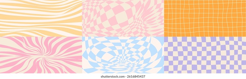 Groovy wave pattern set - psychedelic spiral vortex, checkered grid, striped sunburst background. Optical illusion prints with hypnotic, distorted effects. Funky 60s style retro graphics collection.