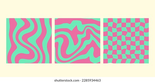 Groovy wave  patterns chess, mesh. Set of vector backgrounds in trendy retro trippy y2k style. Pink and green colors. hippie  design.