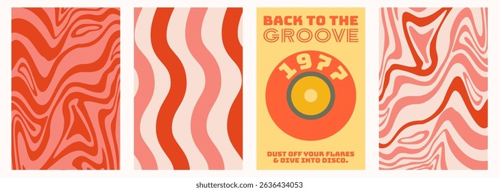 Groovy Wave poster set with music and abstract swirl. Retro wave design. Background psychedelic Ripple set. Groovy vector illustration